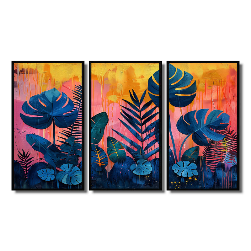 Burkittsville - Ensemble d'art mural palmiers et palmiers, H 12 po x l 28 po x P 1 po, Toile avec cadre flottant noir