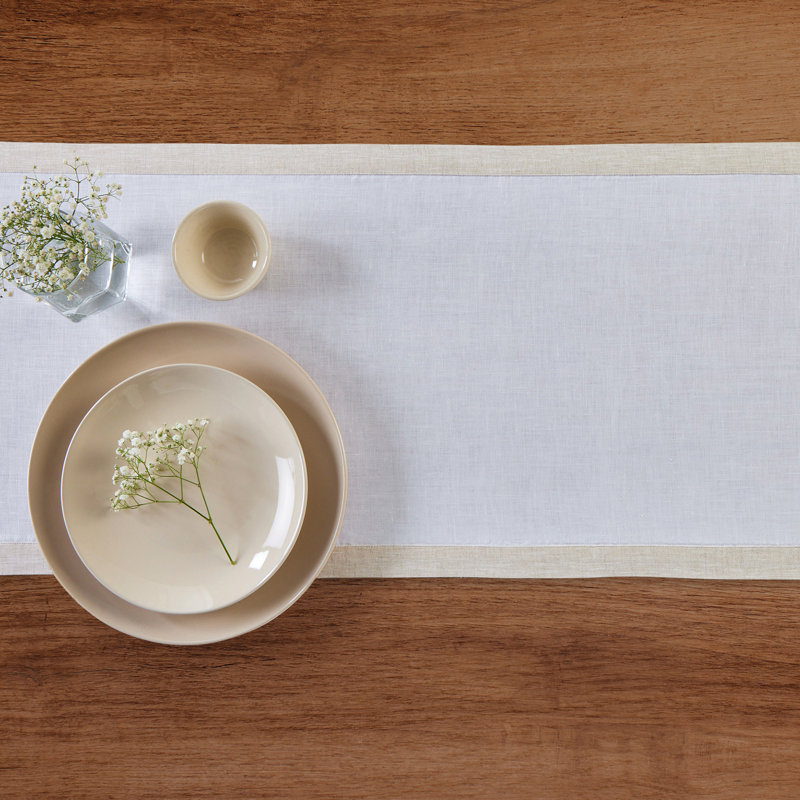 Classic - 100% Pure Linen Table Runner, 72" x 14", Narrow Border, Light Natural/White