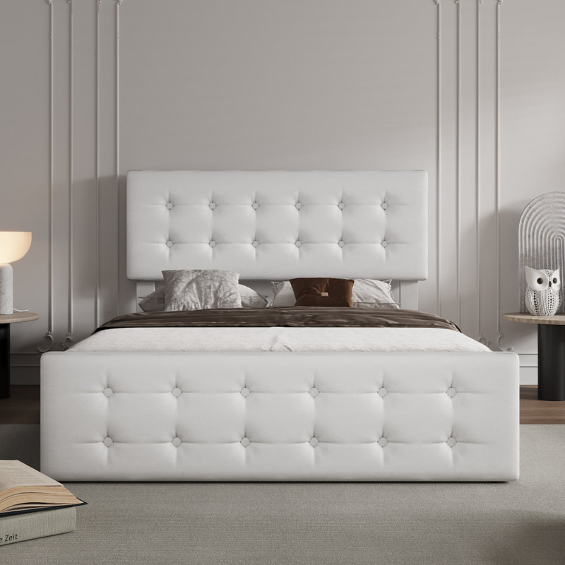 Cadre de lit avec tête de lit et 4 tiroirs de rangement, cadre de lit plateforme cousu à boutons carrés, Beige, Double