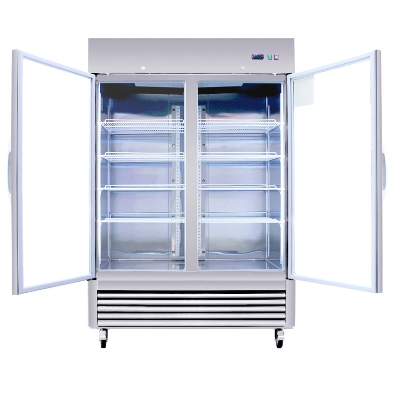 54"W Commercial Refrigerator 2 Glass Door Stainless Steel Interior And Exterior Construction Display Refrigerator 42.2 Cu.Ft. Reach-In Merchandising Refrigerator Upright Fan Cooling Merchandiser