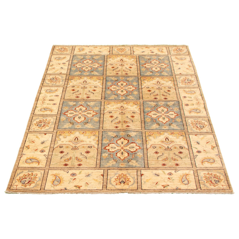 Tapis décoratif en laine de conception unique 5 pi 5 po x 8 pi noué à la main New Age beige/gris clair