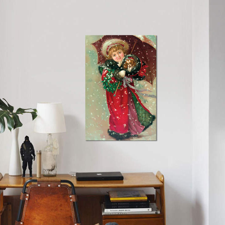 «Little Girl and Dog in the Snow», reproduction sur toile, H 18 po x l 12 po x P 1,5 po, Toile tendue, Pas de tapis