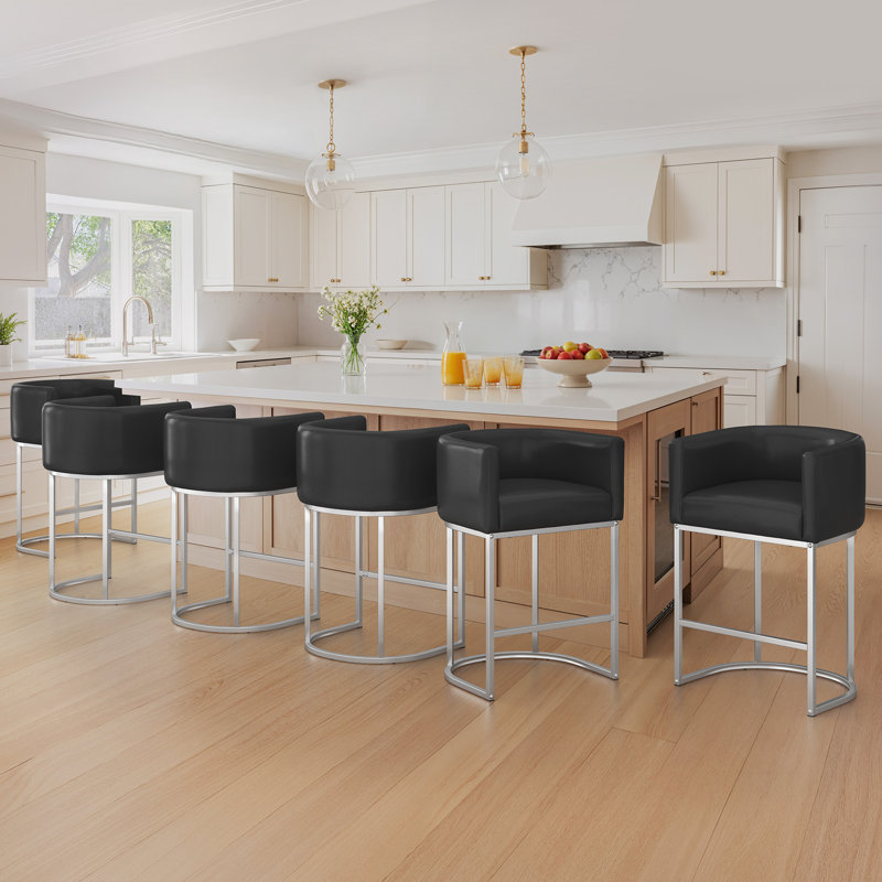 26" Upholstered Counter Stool with Metal Frame, Black/Faux Leather/Silver
