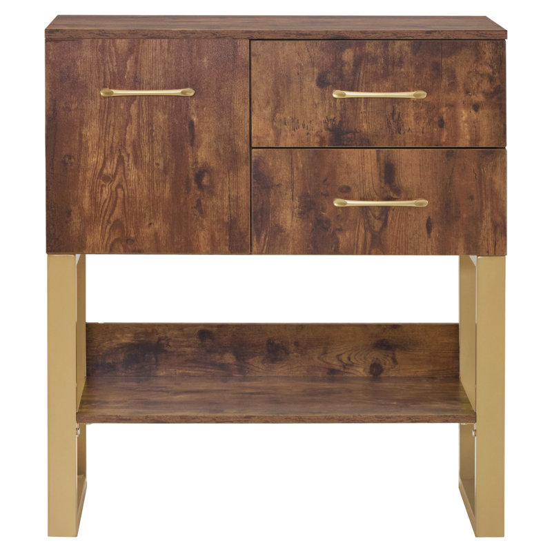 Quintonio Modern Console Table with Drawer, Storage Cabinet and Shelf, Rustic Brown, Gold