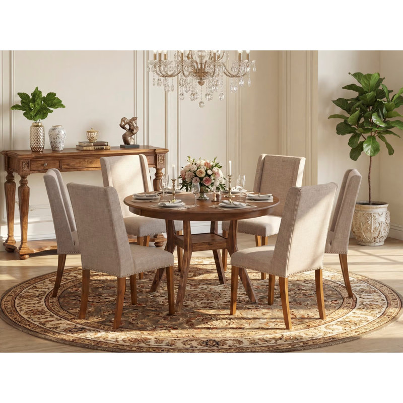 L'ensemble de salle à manger 7 pièces comprend une table moderne et 6 chaises parsons en tissu de lin brun clair avec dossier rembourré - finition noyer antique