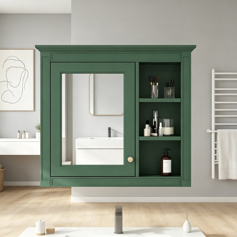 Armoire de rangement murale avec miroir et 3 tablettes ouvertes, Green