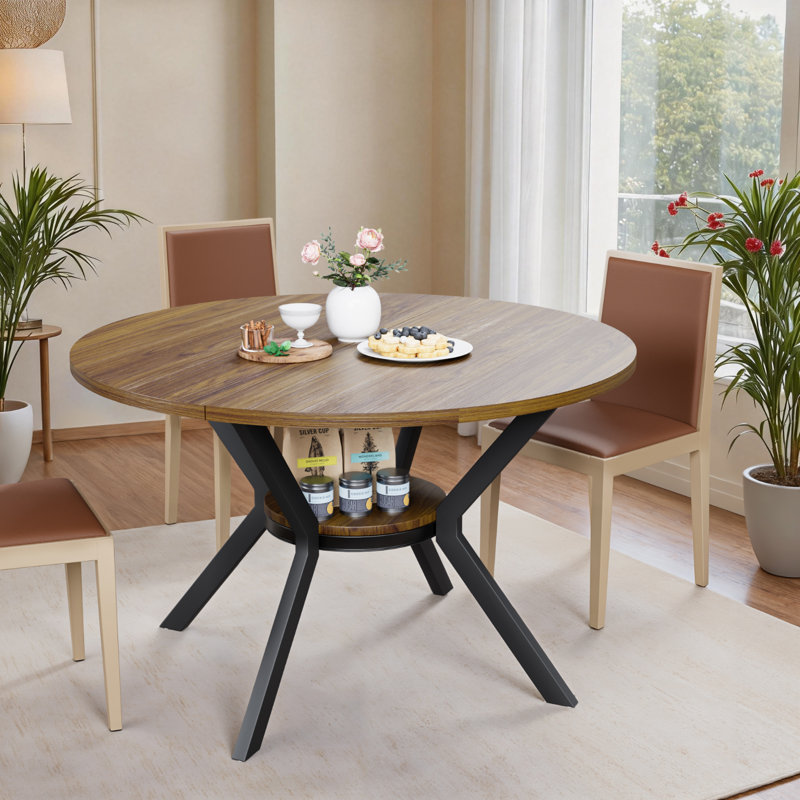 Table de salle à manger de 47 po pour 4 à 6 personnes, table de salle à manger avec tablette de rangement, plateau en grain de bois, pieds en métal noir, tables de salle à manger peu encombrantes, tables de cuisine circulaires, noyer