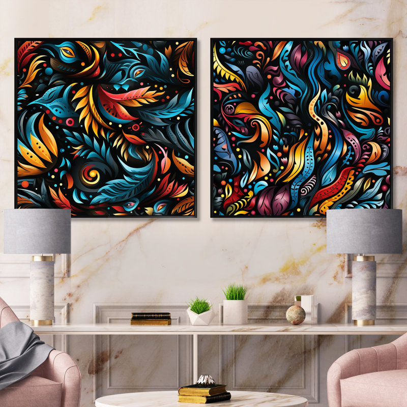 Jessamine - Ensemble de 2 collages carrés botaniques abstraits, Cadre flottant noir, H 30 po x l 61 po