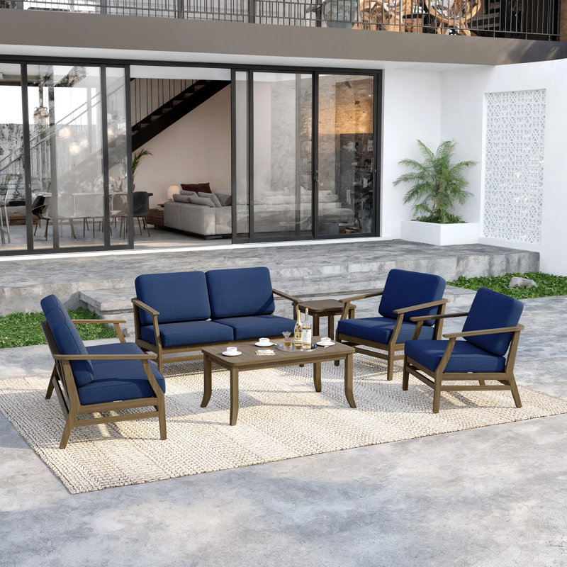 Polett Teak Outdoor Six-person Patio Set With Cushions And Two Tables, Brown, Navy