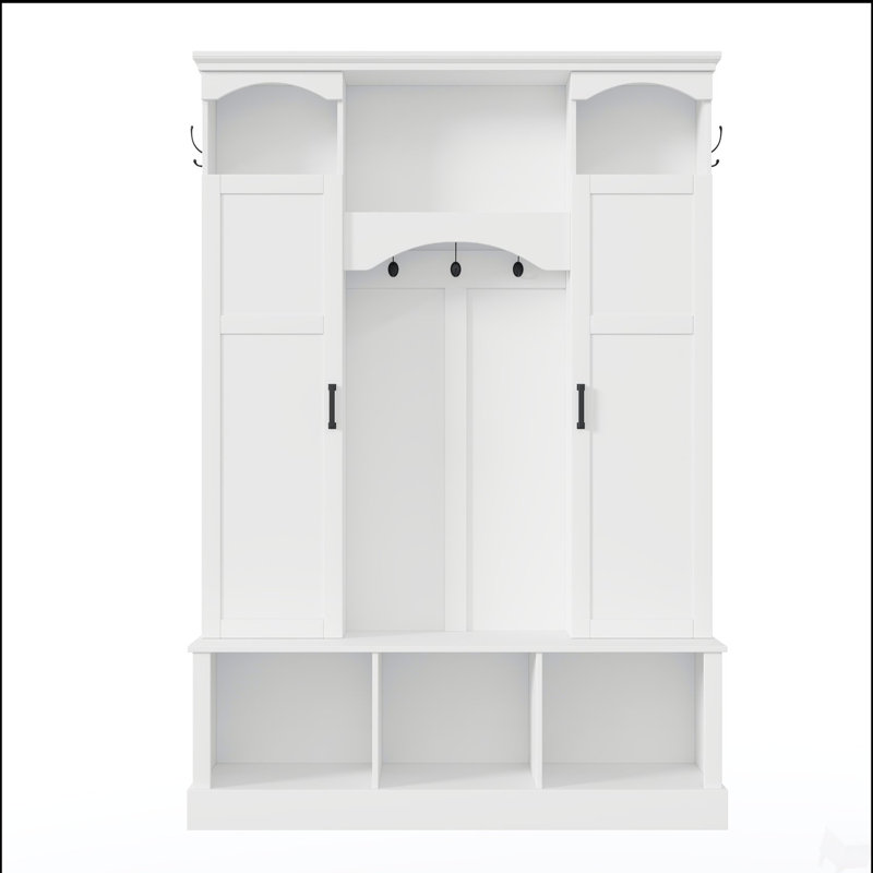 Modern All-in-One Hall Tree with Adjustable Shelves, Classic Arched Farmhouse Storage Bench with Dual Side Cabinets, Elegant Entryway Organizer with 7 Hooks for Mudroom, Hallway