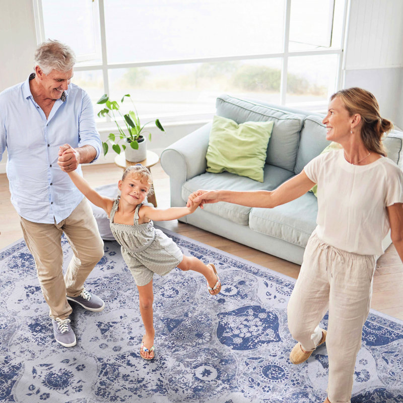 Tapis bleu 9 pi x 12 pi - antidérapant, à poils courts, lavable, pliable, pour une chambre à coucher confortable
