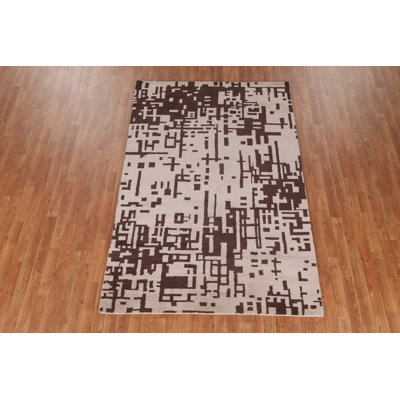 Tapis beige en laine noué à la main de conception unique 5 pi x 7 pi 9 po New Age