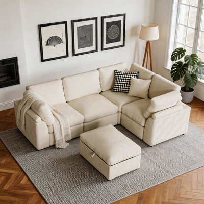 103" 5-Seat Linen L-Shaped Sectional Sleeper Sofa with Storage & Ottoman