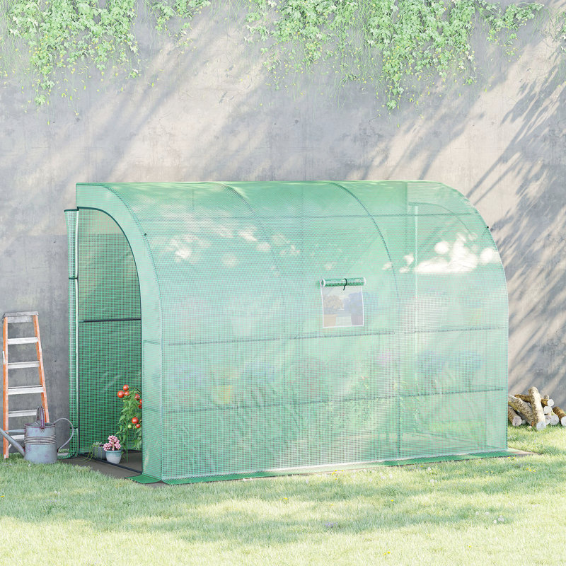Lean To Greenhouse, Walk-In Green House, Plant Nursery With 2 Roll-Up Doors And Windows, PE Cover And 3 Wire Shelves