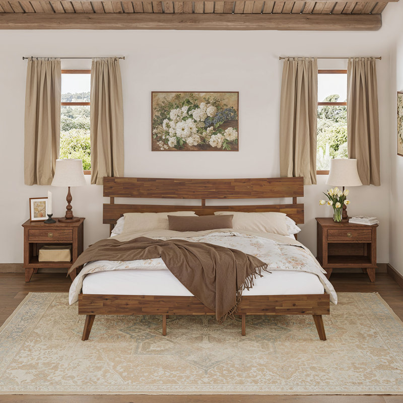 Solid Wood Bed Frame With Headboard, Cherry, King