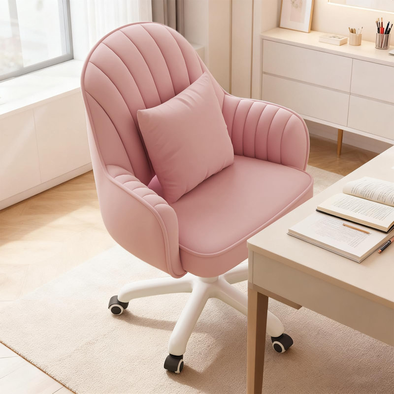 Chaise de coiffeuse pivotante à dossier mi-haut en velours rose, réglable en hauteur et dotée de roulettes, idéale pour la chambre à coucher.