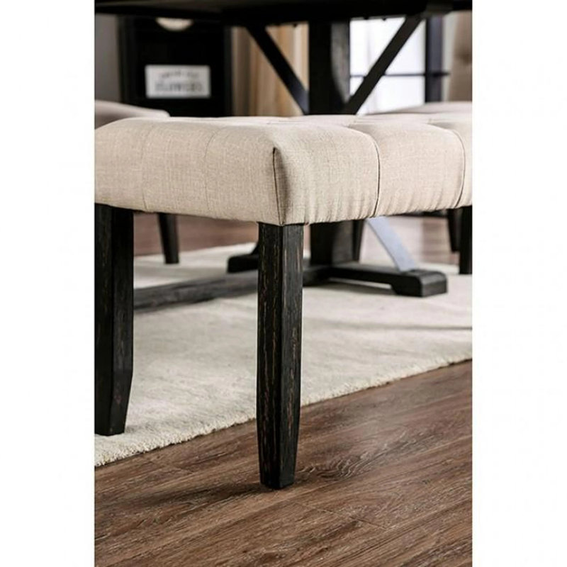 Classic Ivory 1PC BENCH Button Tufted Linen Like Fabric Solid Wood Chair Upholstered Seat Breakfast Rustic Dining Room Furniture
