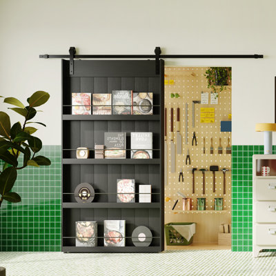 Black Design Sliding Barn Door With Four Levels Shelfs With Hardware Kit Included