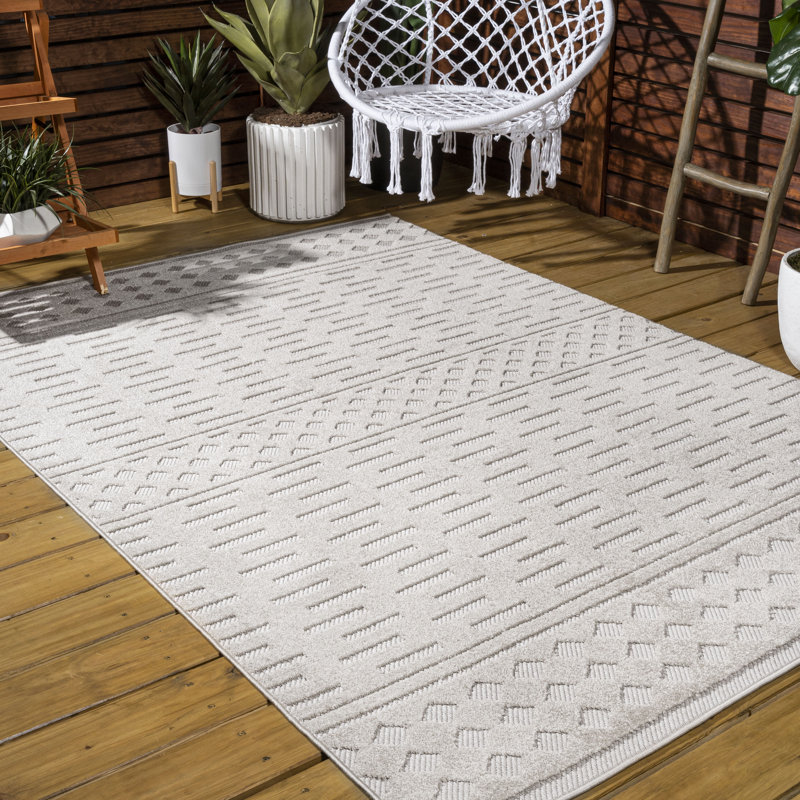 Sheelah High-Low Pile Moroccan Geometric Beige Indoor/Outdoor Rug, Rectangle 7'9" x 10'