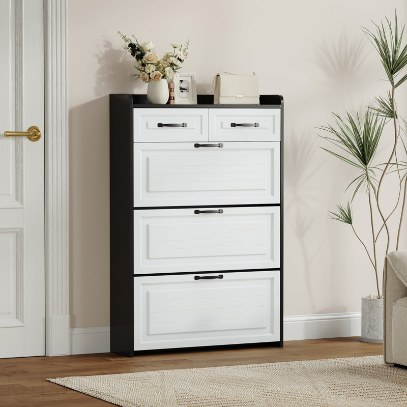 3-Door Shoe Cabinet With S 2-Drawers,Pvc Door With Shape,Large Space For Storage
