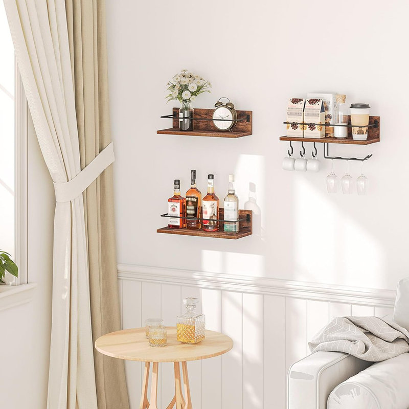 Ensemble de 3 porte-bouteilles muraux à bouteilles flottantes et porte-verres, brun rustique et noir