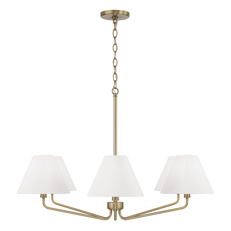 34" W x 22.5" H 6-Light Angular Chandelier with Tapered White Fabric Shades, Brass