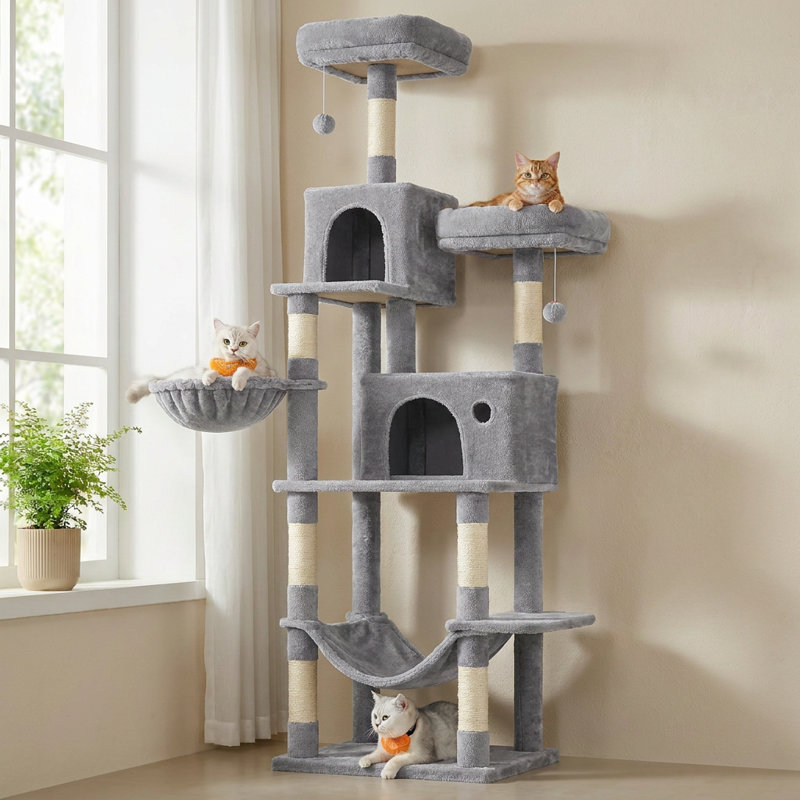 Arbre à chat à niveaux multiples de 78,3 po avec poteaux à griffer pour chat Timmins, Gris clair/beige