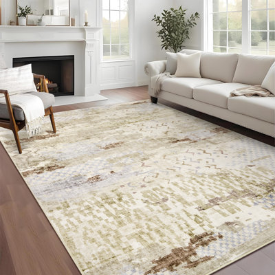 Tapis abstrait lavable à la machine 5 pi x 7 pi avec envers en caoutchouc antidérapant - Tapis à poils courts et résistant aux taches pour chambre à coucher, salon