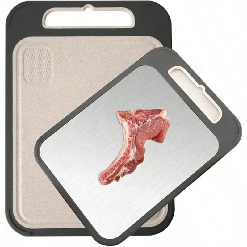 Planche à découper double face en acier inoxydable 304 et planche à découper en paille de blé pour la cuisine 13,78 po x 9,84 po