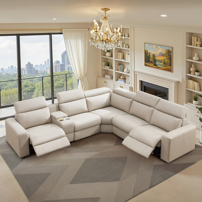 Oversized Power Reclining Leather Sectional Sofa With Console And Dual Recliners For Living Room Beige, Beige Faux Leather