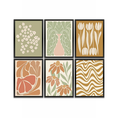 Boho Neutral Floral Abstract Prints Black Framed Wall Decor, 8 X 10 Inch, For Living Room Dorm, 6-Pack