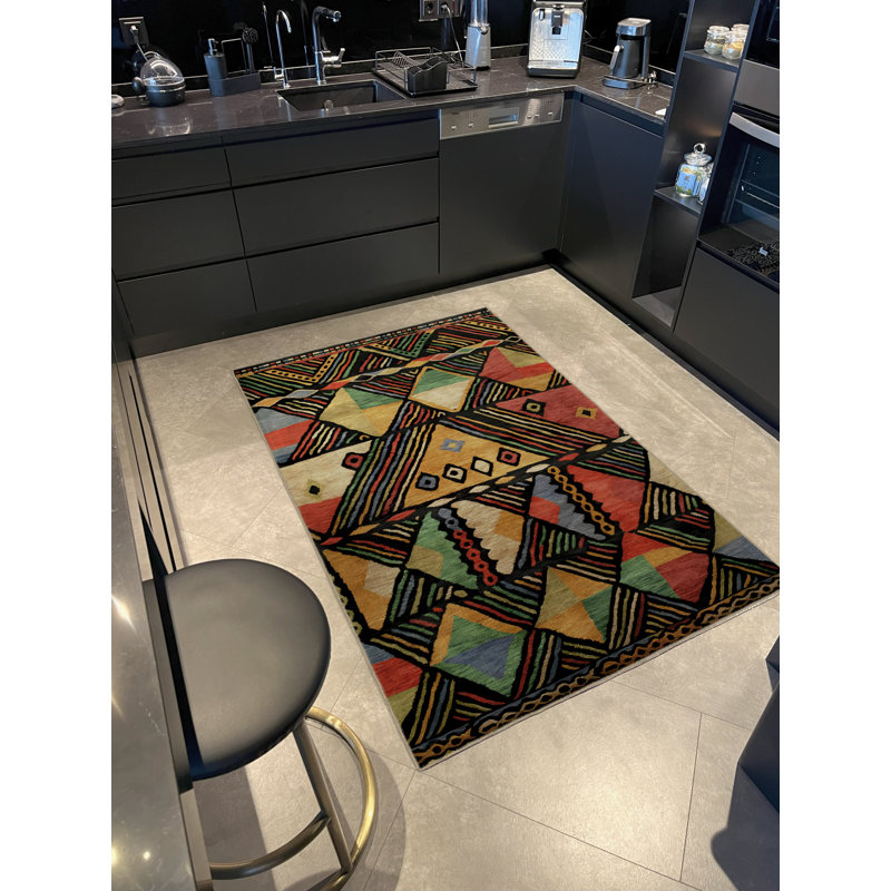 Tapis décoratif moderne à motifs géométriques rectangulaires mixtes à spirale foncée et multicolore