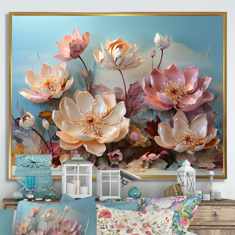 Fleur de lotus rose moderne - impression, Cadre flottant doré, H 34 po x l 44 po x P 1,5 po
