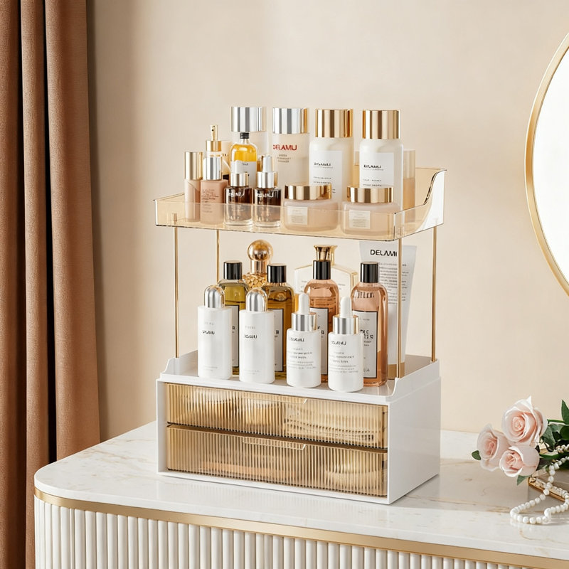 Rangement pour salle de bain à 2 niveaux avec 2 tiroirs, rangement pour meuble-lavabo (ambre)
