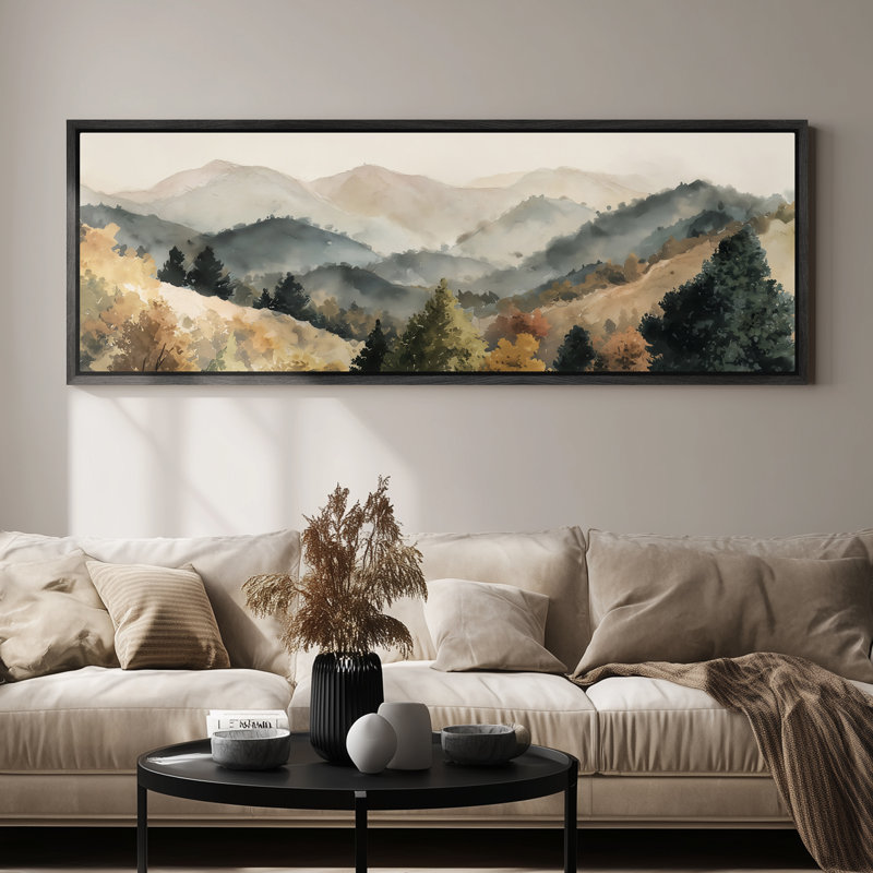 «Mountain View Watercolor Landscape for Living Room», impression murale, H 20 po x l 60 po, Noir
