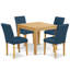 Ensemble de table de salle à manger moderne 5 pièces comprenant une table carrée en bois et 4 chaises rembourrées en similicuir bleu Oasis, chêne-1195928159-1132522878-1132522879