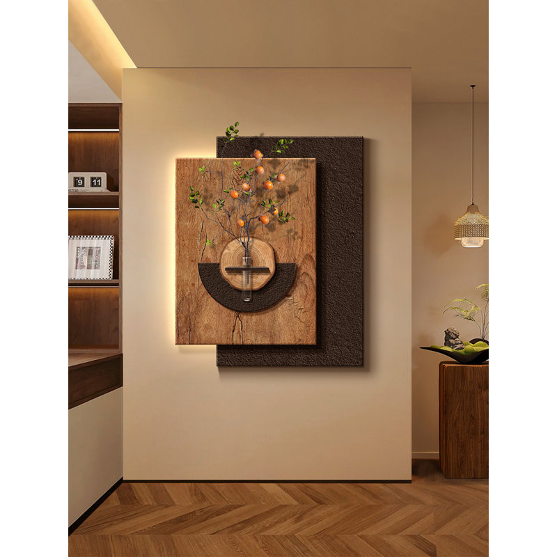 Art mural Mid-Century 3D avec vase d'eau et DEL - Décoration en bois rustique, H 39,37 po x l 31,5 po x P 4,72 po