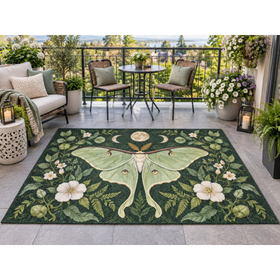 Tapis d'extérieur 152 x 213 cm (5' x 7') Luna Moth Botanical Moon, épais, imperméable, en PVC bouclé, résistant, séchage rapide, idéal pour terrasse, balcon, entrée, VR ou autre espace extérieur.