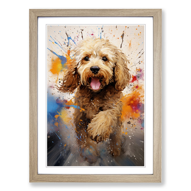Cockapoo Action - Single Picture Frame Print on Wood, Oak Framed, 64cm H x 46cm W x 2cm D