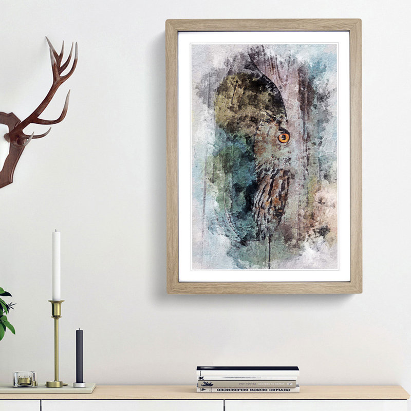 Peeping Great Horned Owl in Abstract - Picture Frame Painting Print, Oak Framed, 65cm H x 48cm W x 2cm D