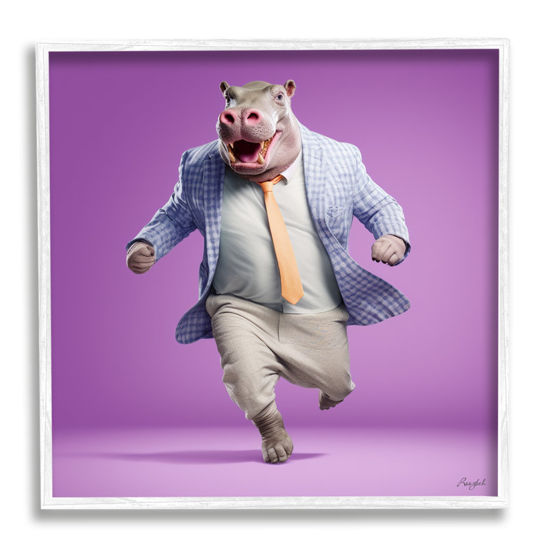Az-162-Hippo dansant sur fond mauve par Roozbeh, Estampe numérique encadrée blanc bord de mer, H 12 po x l 12 po x P 1,5 po