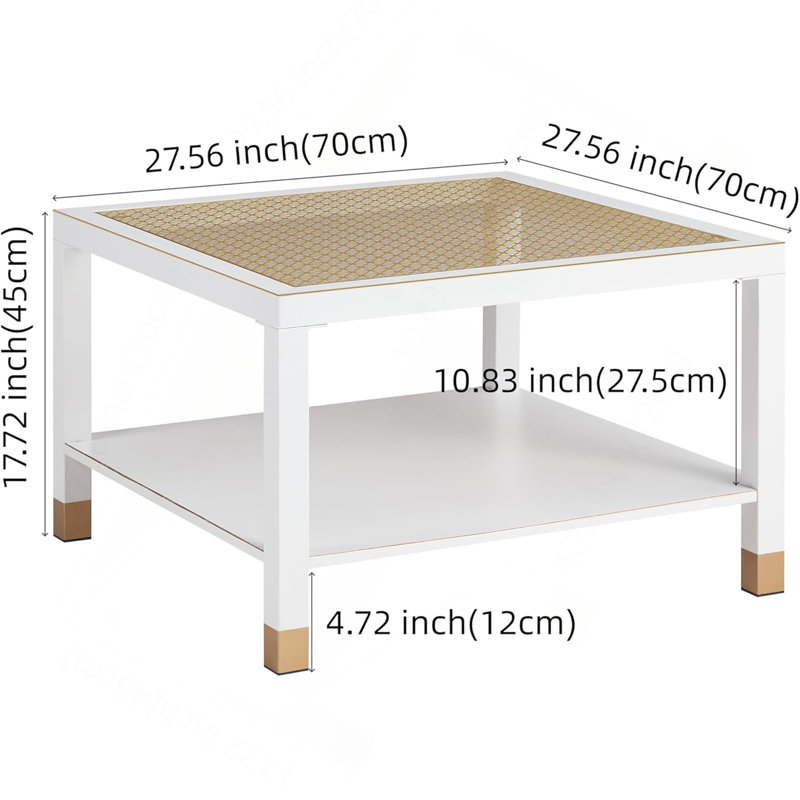 Table basse moderne carrée - structure en métal blanc éclatant de 27,6 po avec plateau en verre doré de luxe, Blanc