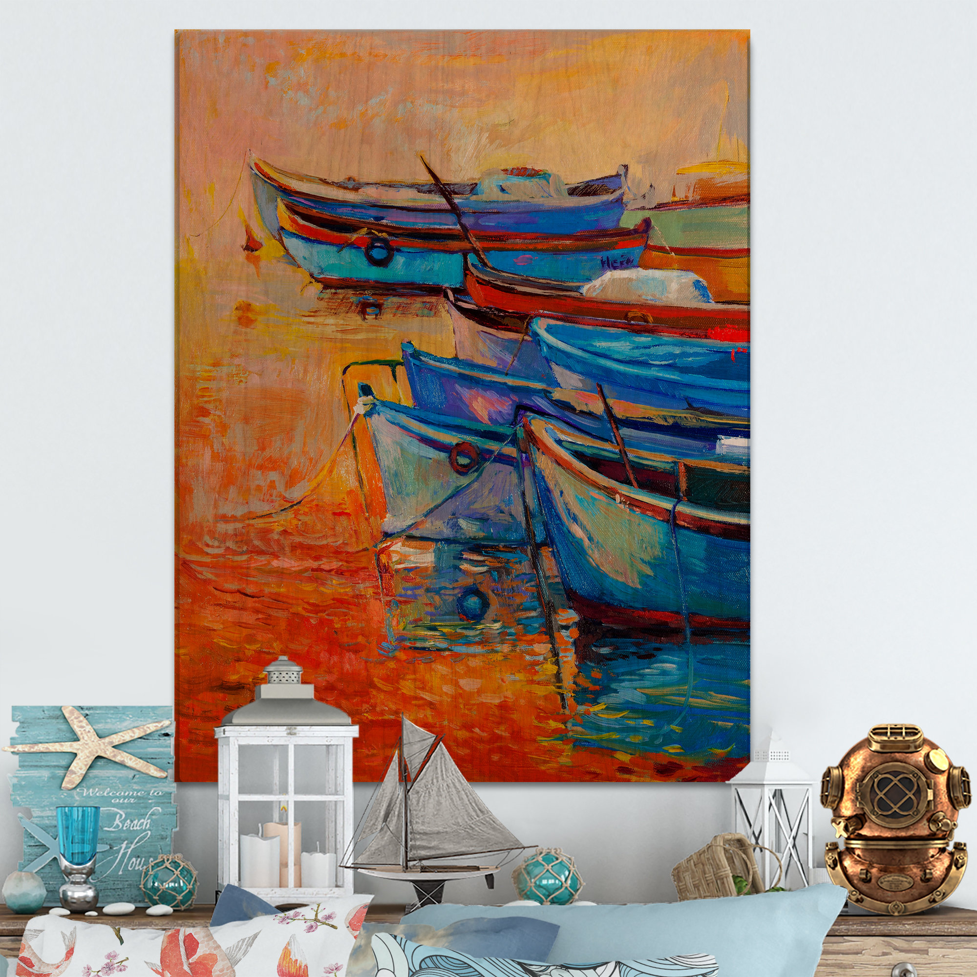 Bless international  Boats Resting On The Water During Warm Sunset VIII   Painting on Canvas