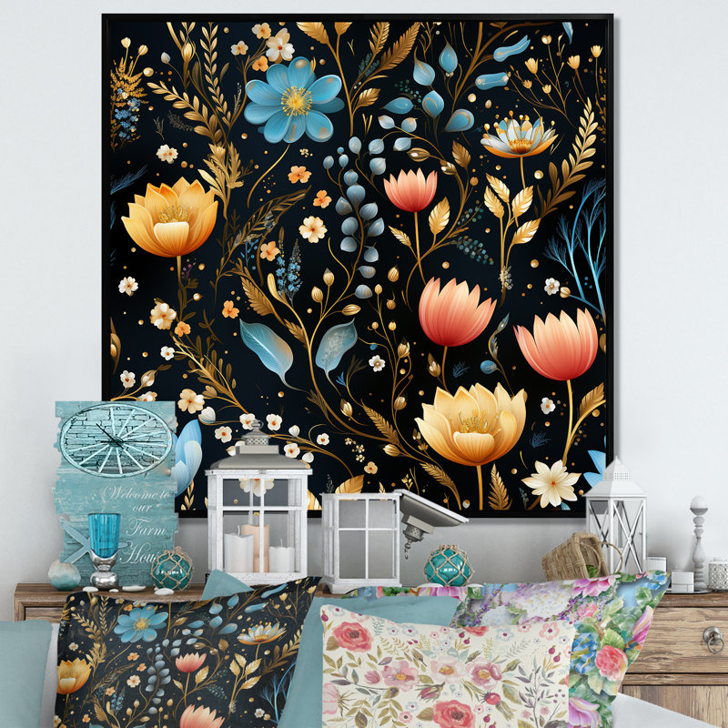 Cristal fleuri motif floral III - art mural floral, Cadre flottant noir, H 30 po x l 30 po x P 1,5 po