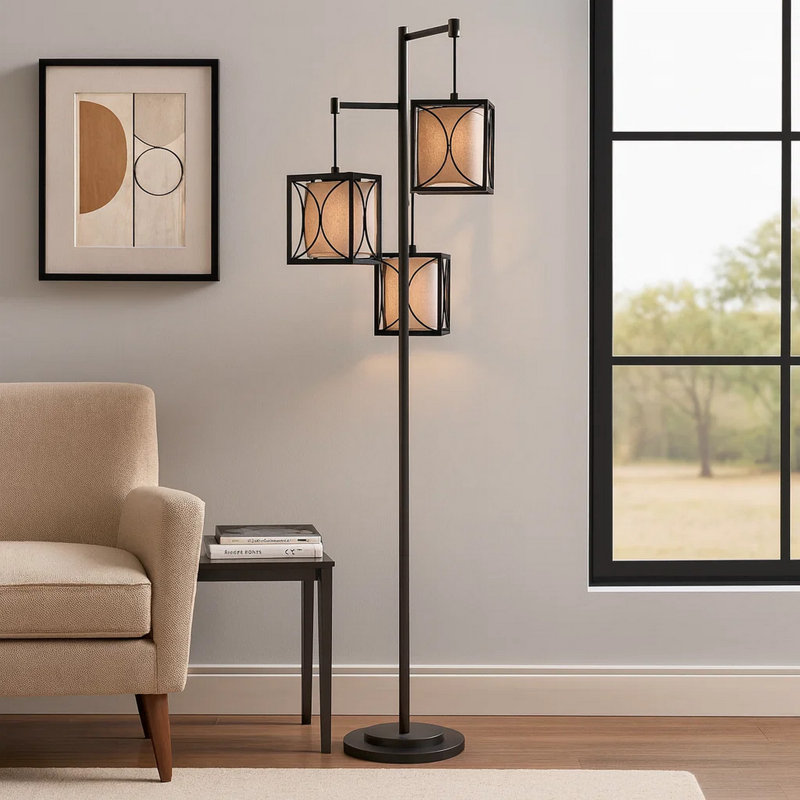 Lampe sur pied Lany 73 po, 3 abat-jours de style lanterne suspendue, fer noir
