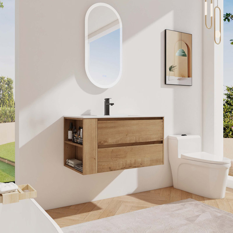 Meuble-lavabo mural 36 po avec lavabo en céramique, Imitation chêne