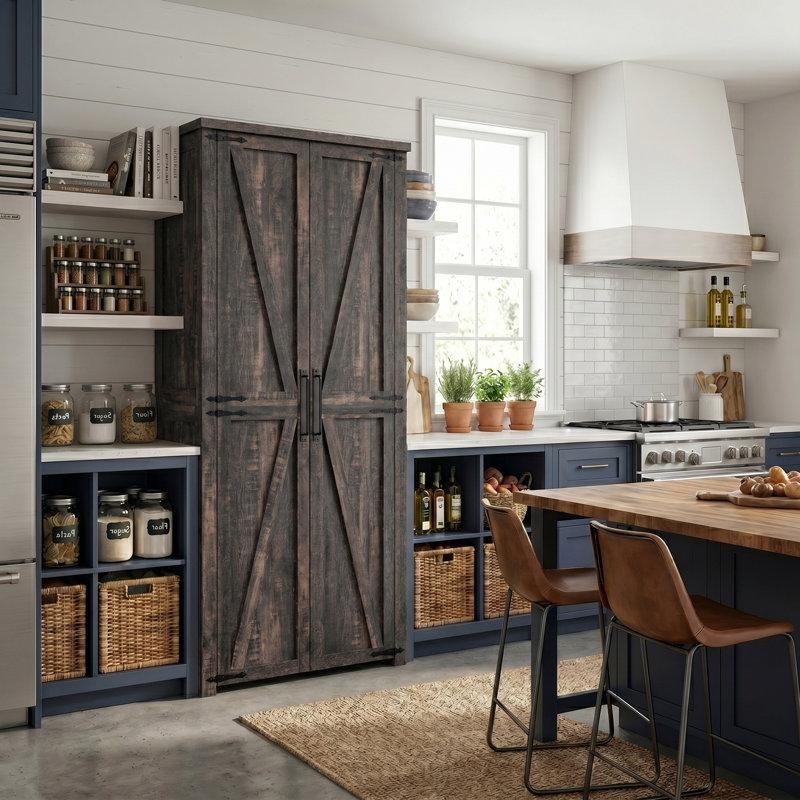 Armoire de rangement de 72 po de hauteur, garde-manger avec tablettes réglables, Brun foncé rustique