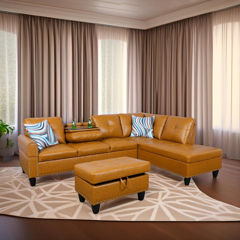 Ensemble de canapé en forme de L Hermia Ginger, Orange Faux Leather