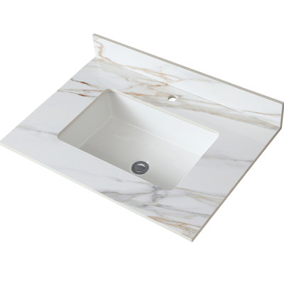 Dessus de meuble-lavabo en marbre pour salle de bain - 31 po, blanc avec veines, dosseret de 4 po, trou de débordement, pierre frittée blanche, rebord d'égouttement, résistance, convient aux armoires de 30 po x 21 po