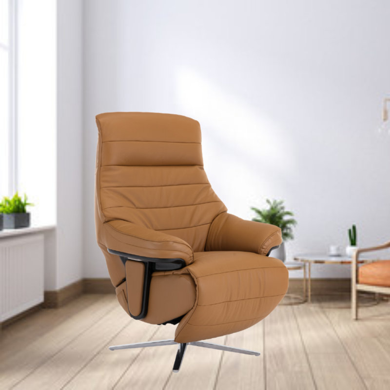 Emilis Upholstered Swivel Power Recliner, Camel Leather Match